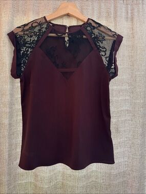 Express Burgundy Lace Yoke Cap Sleeve Blouse